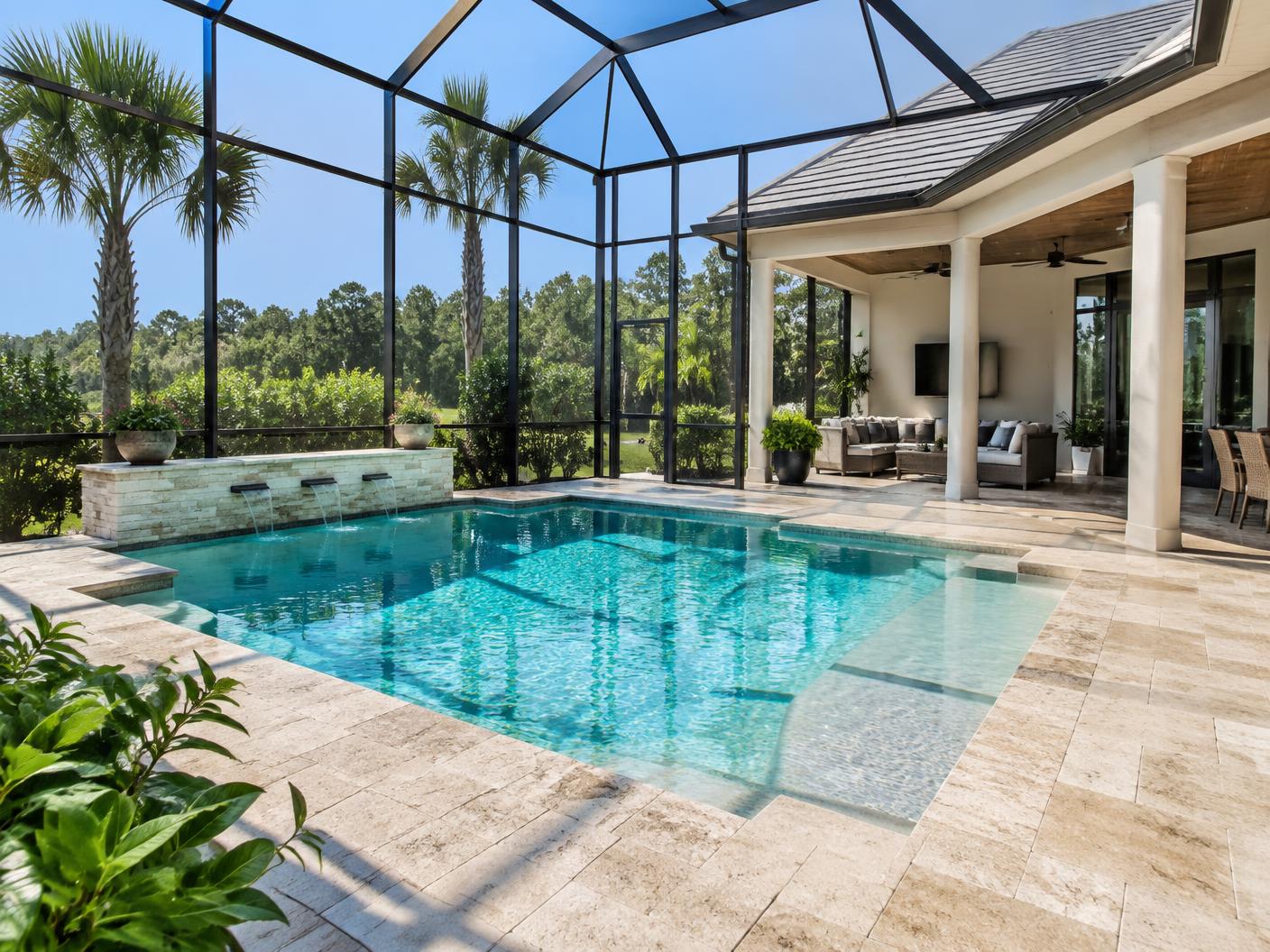 Bright cleaned paver pool deck with turquoise pool water